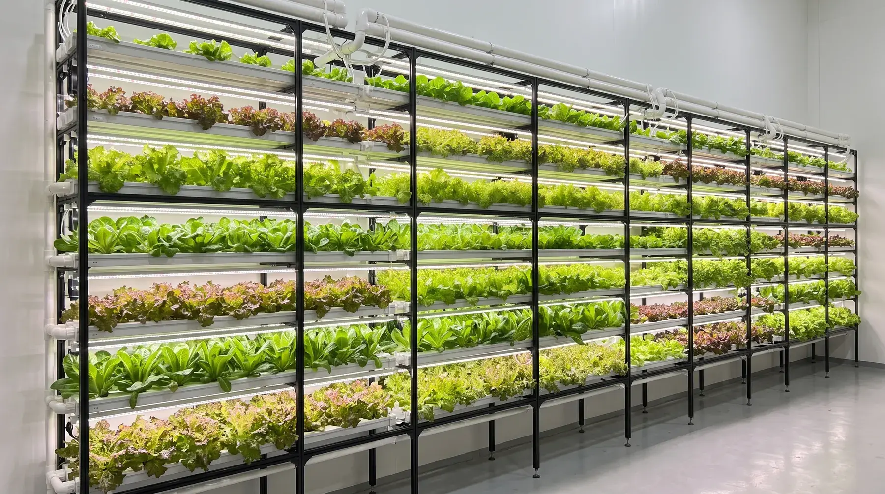 A Leaf Indoor Farm — the racking wall seen from the public walkway at Jesselton Mall