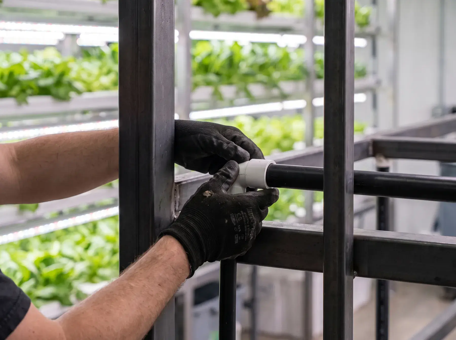 Gloved hands fitting a pipe joint on a growing rack