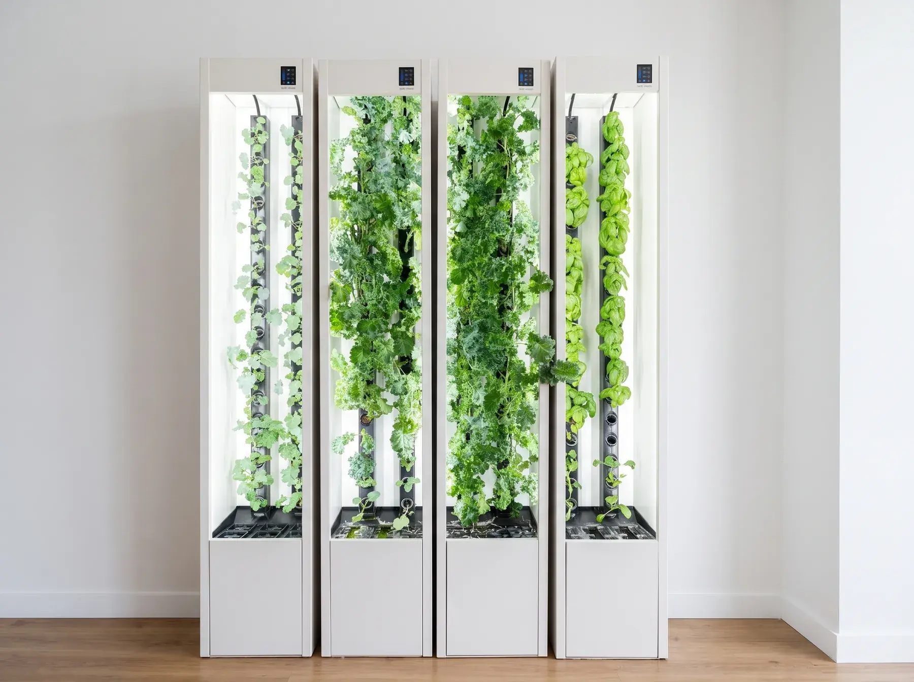 Four Cubictree growing cabinets in a row, planted with basil and kale