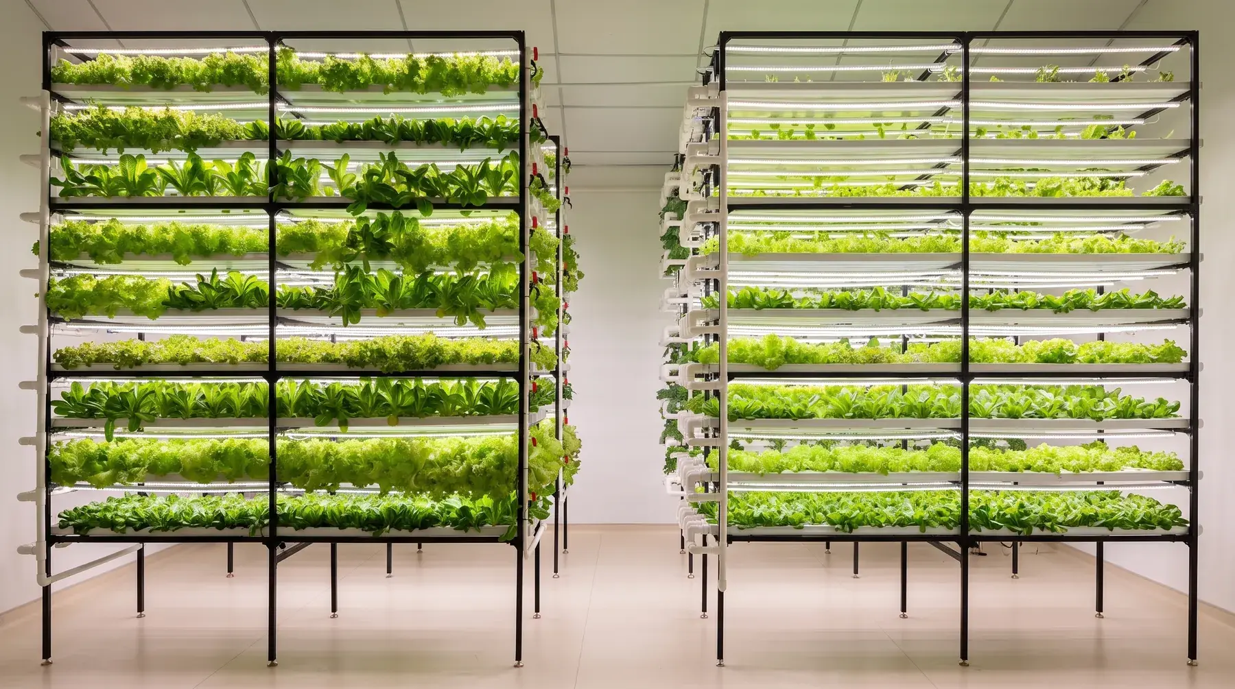 Eight-tier racking farm dense with lettuce under LED — built and run by Precision Builder
