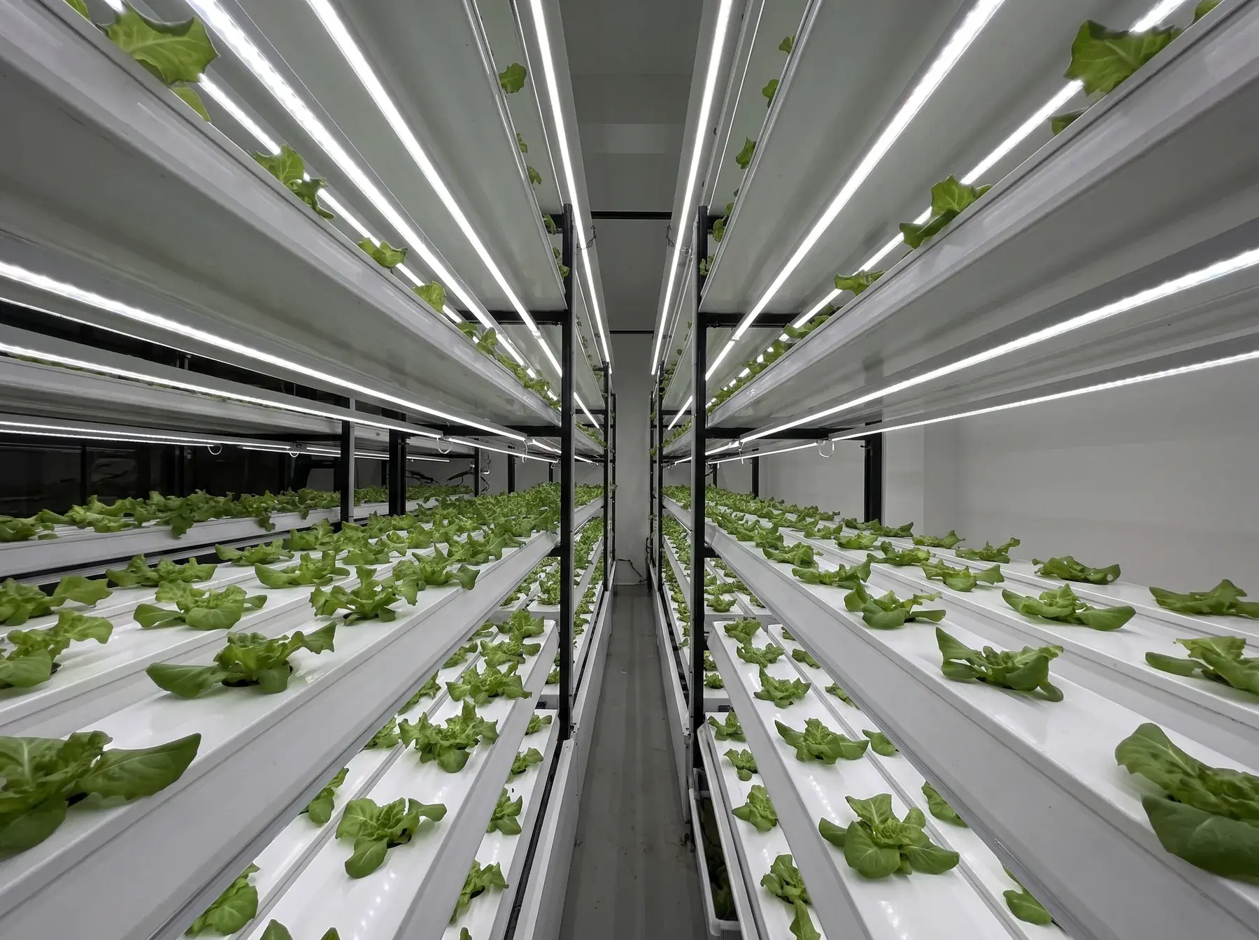 A corridor of growing channels seen down its length, planted with young lettuce